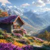 Flores em uma casa na montanha com um visão linda das montanhas no horizonte，walterColor，altamente dealhado，ultra definção，UHD