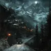  new road on the edge of the Mount Blanc alps with a modern village and ford truck fantasy realistic, a masterpiece, razor sharp focus, dynamic and the vegetation is old a veil of mist is on the groun