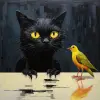 黄眼睛黑猫吃金丝雀，大卫·麦克劳德和韦斯·安德森风格的超现实绘画--v 5.2
