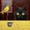 黄眼睛黑猫吃金丝雀，大卫·麦克劳德和韦斯·安德森风格的超现实绘画--v 5.2