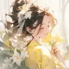 1中国女模特，花朵，快乐，俏皮极简风格，osARE kei，柔光构图，光泽/光泽，白色，丹麦设计，美丽，--niji 5 --q 1 --s 250