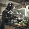达斯·维德（Darth Vader）在现代和未来派的皇家厨房里烹饪豆腐和蔬菜，摄影，烹饪书封面风格，--v 6