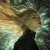 时尚女孩，摆出模特的姿势，飞扬的头发，背景中的宇宙，德国时尚女孩，3D逼真效果，灯光，视觉。