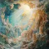 克孜尔石窟壁画、绘画、重彩画，主要是白色、神仙、仙云、金光、4K、统一协调的色彩