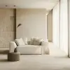 照片，现代客厅，晨曦柔和，米色地板和哑光石功能融为一体，舒缓白色调的统一配色方案，营造出白色迷人的氛围，35 mm f/1.4G镜头，f/4套装，精致家具，白色沙发和极简主义侧桌，自然光