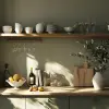 真实感，厨房，架子，橄榄绿，极简主义，阳光，4k，超现实，objet --ar 1：1