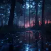 生动迷人，雨夜，森林，宁静，高大的树木笼罩在黑暗中，绚丽的色彩，昏暗的天空，雨滴被柔和的月光照亮，从树叶中倾泻而下，森林地面上装饰着闪闪发光的水坑，反射环境的光芒，夜间景观，清晰的焦点，烟雾，逼真的照片，4 k分辨率，银翼杀手