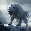 高山和冰雪附近的巨狼生物，原始主义狂热风格，蝎尾狮，虚幻引擎，尼古拉斯·米格纳德，强烈的面部表情，亚历山大·阿维林，深蓝色：：，一个巨大的雪怪物站在冰上，史诗奇幻场景的风格，蝎尾狮，爆炸性野生动物，土伦，深灰，犬科，强烈的面部表情：--v 5.2