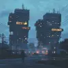 fuse Simon Stalenhag's futuristic vision with elements of madness and visual distortion, garish buildings, prison like tall buildings, visible division of rich and poor areas, American dystopia, p