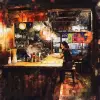 一名女子在热闹的居酒屋木制酒吧中的动作镜头，烹饪风格，充满活力的区，水彩画，充满活力的细节，创造性的详细和令人垂涎的景色，丰富多彩的颜色，3ds max，辛烷值渲染
