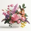定制花卉排列，3D渲染，亨利·卢梭（Henri Rousseau）的艺术，粉色和紫色组合，混合有花瓣、叶子和茎元素，干净的白色背景：--q 2 --v 5