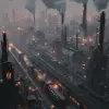4 dimensional futuristic city, old world, lanterns, photorealistic , isometric, digital art, smog, pollution, toxic waste, chimneys and railroads, 3 d render, octane render, volumetrics, by greg rutko