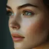 Portrait Photography, A highly detailed close-up of a content woman looking left, with prominent, bright eyes that sparkle with sharpness and contrast against a subtle background, Her skin is flawless