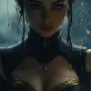 专注面孔的女性，黑金连衣裙。站在小雨中。胸前滴着逼真的雨水。超现实主义，浪漫主义，特写镜头，蓝色骑手，32 k uhd warmcore，详细的角色插图