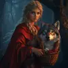 一位留着金色辫子的女猎人，穿着红色斗篷，篮子里拿着一个狼头。夜，蓝色森林，CG渲染，