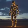 Meta Human站在开阔的沙漠夜晚，全身都有像静脉一样的生物发光裂缝