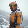 末日后，特写镜头，爱情角度，橙色机器人，下雪，多雾