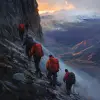 Grupo de viajeros con mochilas escalando una montaña，专业不祥的概念艺术，作者：artgerm和greg rutkowski，一幅复杂、优雅、高度详细的数字绘画，概念艺术，流畅、尖锐的焦点，插图，西蒙·斯塔伦哈格（Simon stalenhag）、韦恩·巴洛（Wayne Barlowe）和伊戈尔·基耶里卢克（Igor kieryluk）的风格--