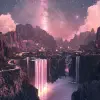 这是一个超现实而复杂的夜间cg渲染，淡粉色的天空覆盖了金河上的大瀑布，泰隆风格的中国宏伟长城，发光道路，银河，星光，艺术，高清，星空，许多小而多彩的粉红色发光颗粒，包括银河，北极，苔原和冰山，奇幻，高细节，美丽，16 k，辛烷灯和阴影，复杂细节，超广角，全景摄影，16 k高清马克·阿姆斯风景摄影，真实照片体积光，16 k，v体积光高清，