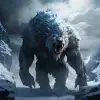 高山和冰雪附近的巨狼生物，原始主义狂热风格，蝎尾狮，虚幻引擎，尼古拉斯·米格纳德，强烈的面部表情，亚历山大·阿维林，深蓝色：：，一个巨大的雪怪物站在冰上，史诗奇幻场景的风格，蝎尾狮，爆炸性野生动物，土伦，深灰，犬科，强烈的面部表情：--v 5.2