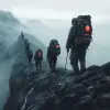Grupo de viajeros con mochilas escalando una montaña , professional ominous concept art, by artgerm and greg rutkowski, an intricate, elegant, highly detailed digital painting, concept art, smooth, sh