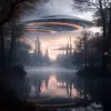 宇宙船位于宁静的湖泊上方，周围环绕着森林、薄雾、雾气和反射光，清晨，32 K--个性化nwnd 4 j3--styleum 600