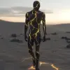 Meta Human站在开阔的沙漠夜晚，全身都有像静脉一样的生物发光裂缝