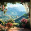 Flores em uma casa na montanha com um visão linda das montanhas no horizonte，walterColor，altamente dealhado，ultra definção，UHD