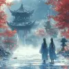两个女人走在中国花园里，穿着汉服，飘逸的长袍，水墨画风格，中国童话般的风景，白雪朦胧，身姿优美--ar 1：2 --styleston 750