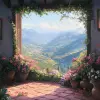 Flores em uma casa na montanha com um visão linda das montanhas no horizonte，walterColor，altamente dealhado，ultra definção，UHD