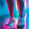 鞋履，哑光白色Yeezy boost 350，女式腿搭配短裤，霓虹灯氛围
