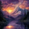 戏剧性的风景，现实主义与幻想的融合，展示了广阔而令人惊叹的场景。包括高耸的山峰和白雪皑皑的山峰，与鲜艳、明亮的天空形成鲜明对比，天空从深紫色到火红橙色。增添一个宁静、晶莹剔透的湖泊，反映天空的颜色，周围环绕着郁郁葱葱的绿色森林。整合浮岛或空灵光线等幻想元素。氛围应该唤起敬畏和宁静，有瀑布、古树和隐藏的小路等错综复杂的细节，以吸引探索和奇迹