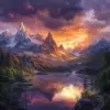 戏剧性的风景，现实主义与幻想的融合，展示了广阔而令人惊叹的场景。包括高耸的山峰和白雪皑皑的山峰，与鲜艳、明亮的天空形成鲜明对比，天空从深紫色到火红橙色。增添一个宁静、晶莹剔透的湖泊，反映天空的颜色，周围环绕着郁郁葱葱的绿色森林。整合浮岛或空灵光线等幻想元素。氛围应该唤起敬畏和宁静，有瀑布、古树和隐藏的小路等错综复杂的细节，以吸引探索和奇迹