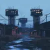 将西蒙·斯塔伦哈格'的未来主义愿景与疯狂和视觉扭曲元素、花哨的建筑、监狱般的高楼、富人和贫困地区的可见划分、美国反乌托邦、污染、贫困、衰落、技术与超现实建筑相结合的城市景观、赛博朋克，融入数字细节和迷人的氛围，玩弄灯光来凸显技术创新和改变的感知之间的二元性，一种有影响力的绝望，一个奇妙的景色，一个详细而复杂的景色。以及质量背景。旧胶片纹理、四方色、铁锈风格、vantablack光环、黄金比
