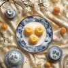 中国糕点的圆顶摄影、精致的糕点造型、桂装饰、桃花装饰、青花瓷器装饰、金丝纹理的高端丝绸桌布、工作室灯光、高细节、圆顶、中心构图、纹理细致的背景、8 k