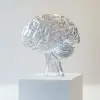 乳白色技术数字设计，将人体器官大脑完美再现为水晶雕塑，在纯白底座上，在空白的中性白色空间中，自然光，梦幻般的，超现实，超细节，8 k