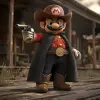 超级马里奥在《Red Dead Redemption》中打扮成牛仔，马里奥有一个斗篷，一顶牛仔帽，一双靴子，牛仔造型，狂野西部，黑色外套，靴子，电影镜头