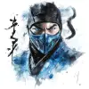 来自真人快打的《Sub Zero》，水墨艺术构思，带有印刷元素，抽象，补色，简约，中国画，白底，8 k，