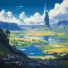 未来派科幻景观，农村地区   未来，美丽的风景，丙烯酸绘画，Pixiv粉丝盒的趋势，调色板刀和画笔，新海真的风格杰米·怀斯詹姆斯·吉拉德爱德华·霍普格雷格·鲁特科斯基工作室吉卜力根信的影响