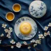 中国糕点的圆顶摄影、精致的糕点造型、桂装饰、桃花装饰、青花瓷器装饰、金丝纹理的高端丝绸桌布、工作室灯光、高细节、圆顶、中心构图、纹理细致的背景、8 k