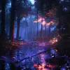 生动迷人，雨夜，森林，宁静，高大的树木笼罩在黑暗中，绚丽的色彩，昏暗的天空，雨滴被柔和的月光照亮，从树叶中倾泻而下，森林地面上装饰着闪闪发光的水坑，反射环境的光芒，夜间景观，清晰的焦点，烟雾，逼真的照片，4 k分辨率，银翼杀手