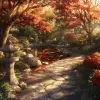 Sparklecore，吉卜力工作室的动漫风景，宁静的日本禅宗花园，秋天盛开的枫树，宁静的锦鲤池，瑟瑟作响的树叶，传统石灯笼，蜿蜒的砾石小径，柔和的漫反射阳光透过琥珀色的树叶，创造出斑点的阴影，温暖的烧焦橙色、深红色和微妙的绿色;石元素中柔和的灰色和棕色的对比，广角镜头，鸟瞰图，捕捉花园布局的和谐与平衡，以锦鲤池，niji，s 250 -