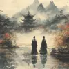 两个女人走在中国花园里，穿着汉服，飘逸的长袍，水墨画风格，中国童话般的风景，白雪朦胧，身姿优美--ar 1：2 --styleston 750