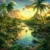 Create an artistic representation of the Garden of Eden from the Book of Genesis, capturing its lushness and tranquility, Mysterious --no buildings, people --c 25