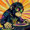 一只猴子扮演DJ的盘子，时髦的迷幻插图，时髦的头发，丰富多彩的，时髦的光线，酸性的颜色，现代风格，hr