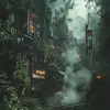 具有生物机械动植物群的后世界末日丛林，电影，4k，史诗史蒂文·斯皮尔伯格电影剧照，清晰的焦点，发光二极管，烟雾，火炮，火花，机架，系统单元，主机板，作者：帕斯卡·布兰奇·鲁特科斯基repin artstation超现实主义绘画概念艺术详细人物设计哑光绘画，4 k分辨率银翼杀手