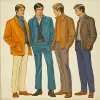 person 1960年代时尚造型册672在这个系列中，我们展示了几个并排站着的男人，风格为浅靛蓝色和深琥珀色，大胆卡通线条，20世纪70年代，灰色和金色