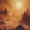 an image of desert planets, in the style of lovecraftian, hudson river school, spiky mounds, golden light, detailed depiction, fujifilm natura 1600, zone system
