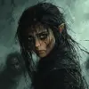 一个黑发、绿眼睛、满身泥土、穿着破布的女人从地牢里逃出来，现在在灰色的荒地上与其他人一起奇迹般地生活。沉没的眼睛、指环王、托尔金、希尔曼、邓伦德