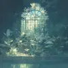 一座废弃的维多利亚温室，位于神秘森林的中心，长满了郁郁葱葱的异国植物。这种风格让人想起克劳德·莫奈、视觉小说、粉彩艺术、飞溅油漆，强调自然美和细致的植物群。灯光柔和空灵，以深绿色、泥土棕色和微妙的金色投射出神奇的光芒。该构图模仿了广角镜头，在翡翠背景下提供了温室复杂的钢铁制品和周围森林的神秘的宏伟、广阔的视野--styminster 750 --niji